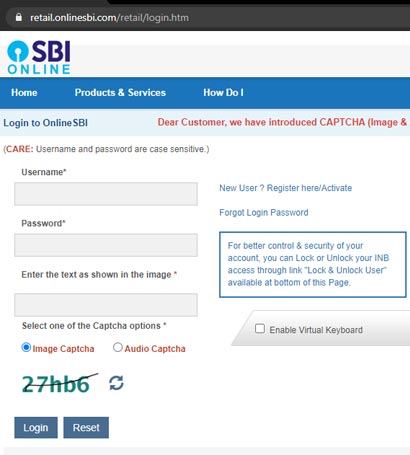 SBI Internet Banking Login Screen