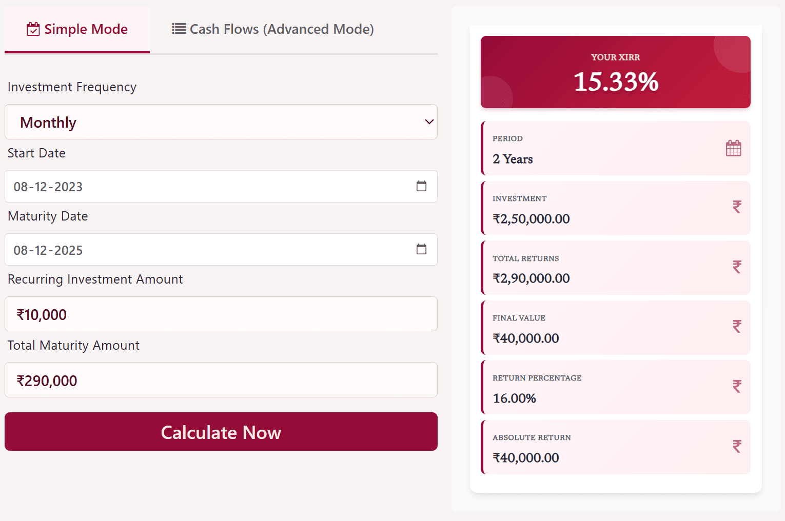 XIRR Calculator - Simple Mode