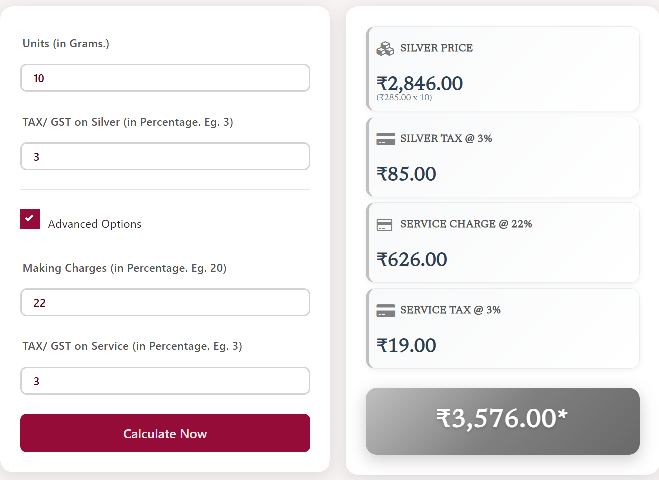 Sample Calculation using Live Silver Price Calculator