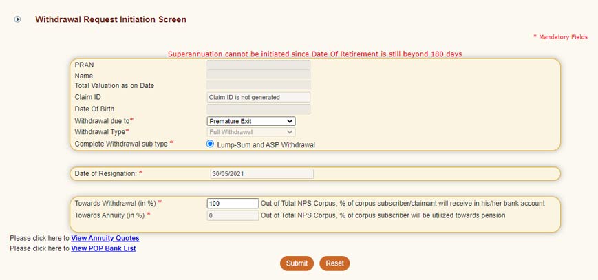 NPS Premature Exit Online Form