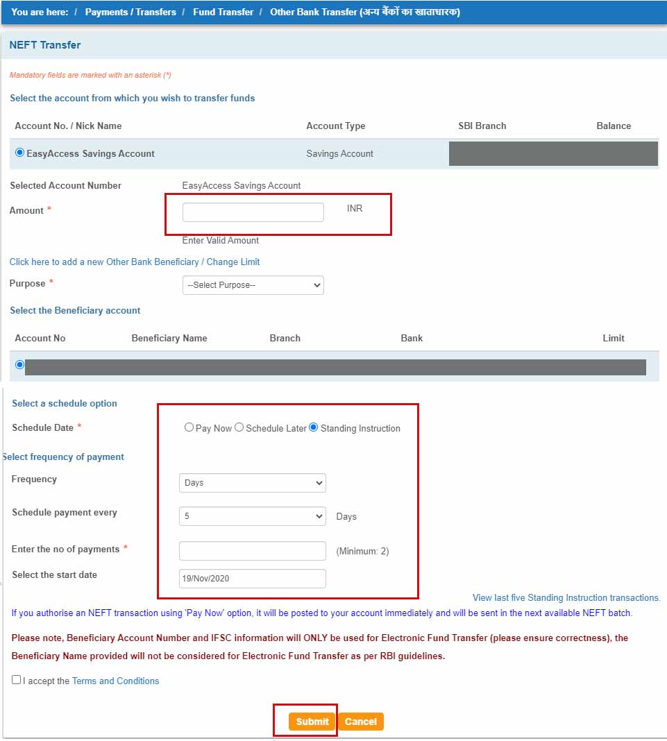 sbi add new standing instruction