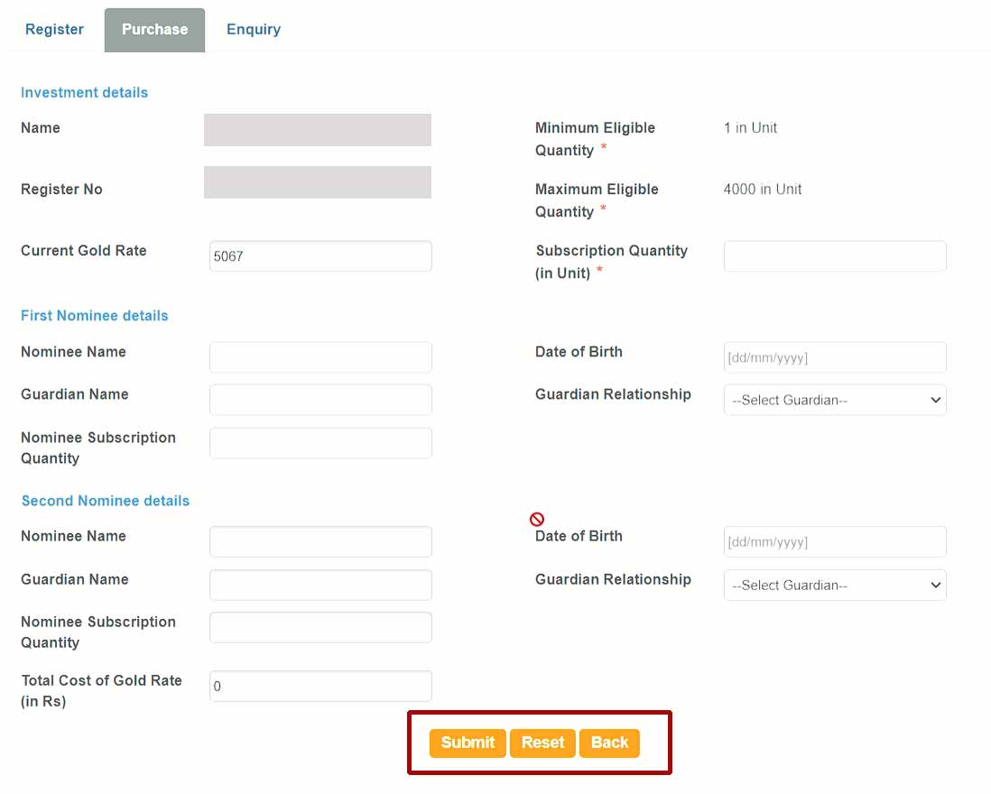 SBI Net-Banking SGB Purchase Form