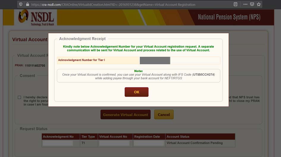 NPS virtual id creation acknowledgement